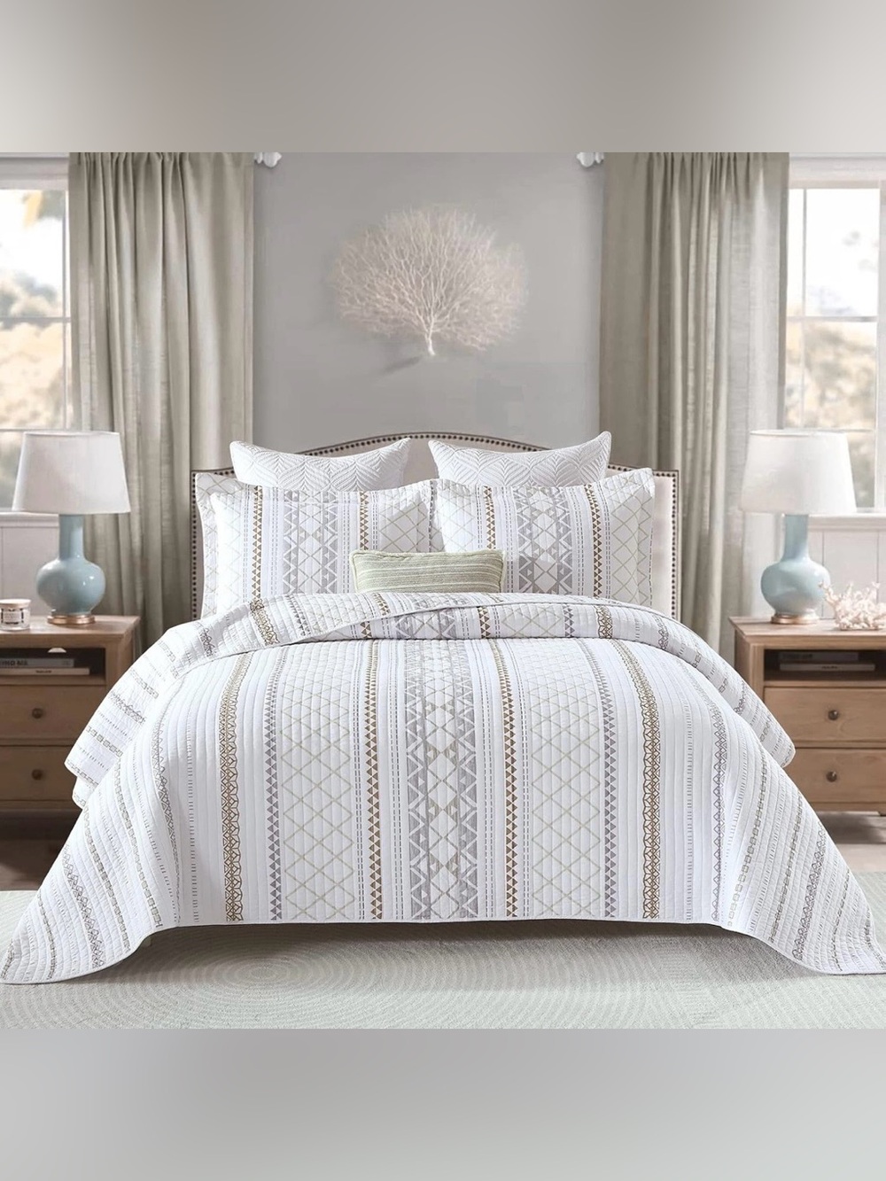 Striped Geometric Cotton 3 piece Queen quilt set White & Taupe